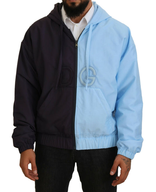 Elegante chaqueta azul con capucha y cierre de cremallera completo