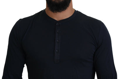 Blue Cotton Button Crewneck Pullover Sweater