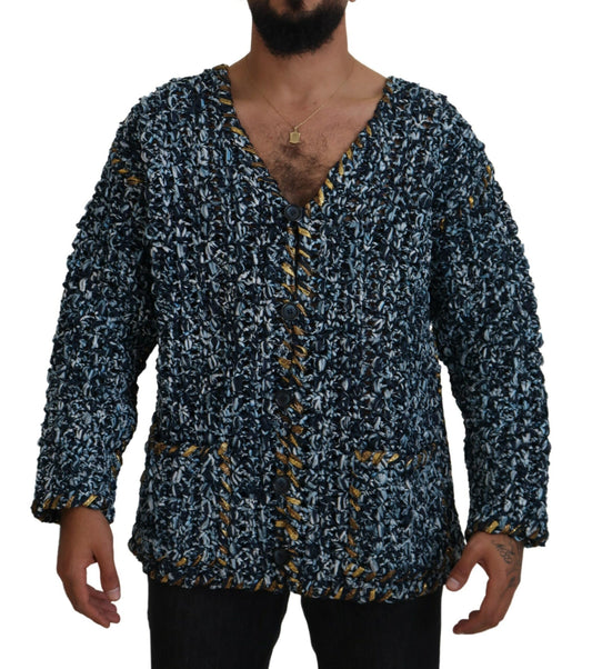 Suéter elegante tipo cárdigan azul con cuello en V