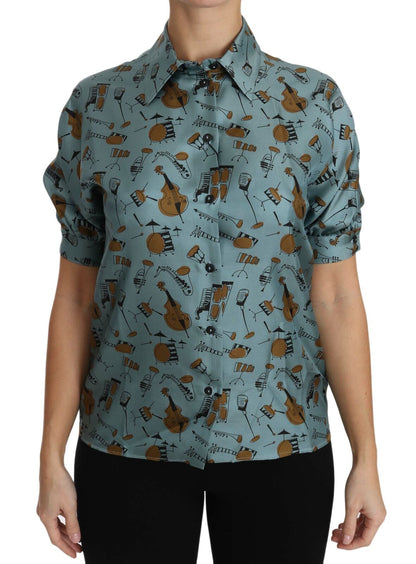 Elegante blusa de seda multicolor con cuello