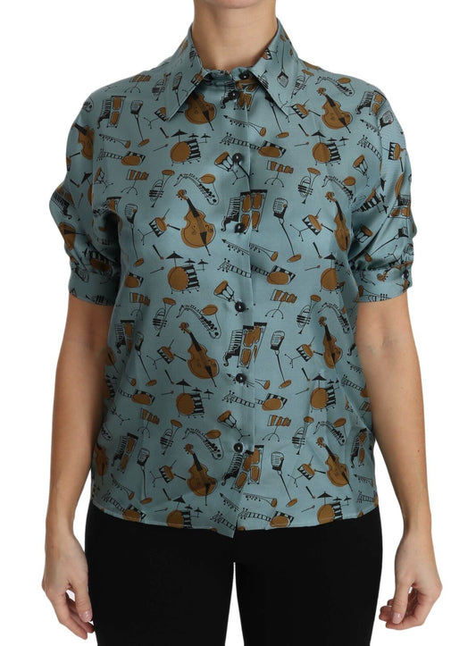 Elegante blusa de seda multicolor con cuello