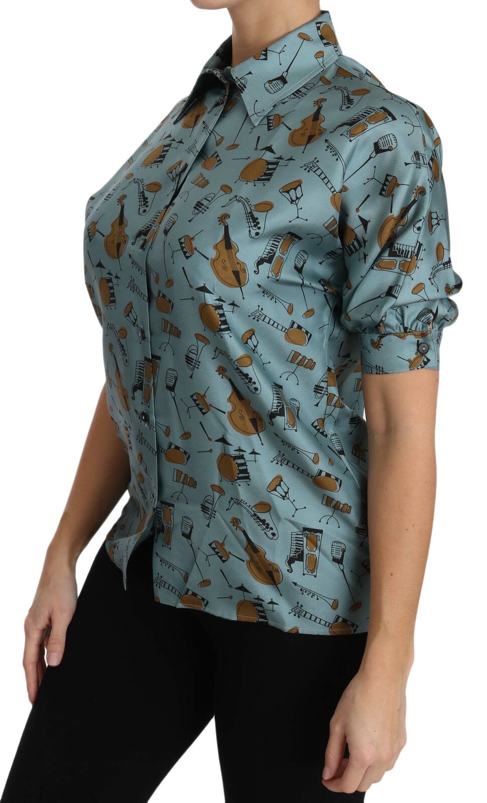 Elegante blusa de seda multicolor con cuello