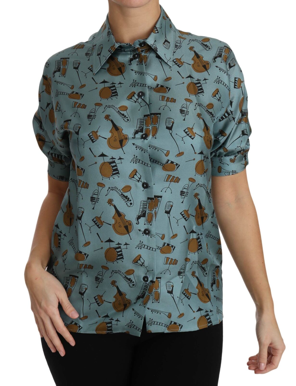 Elegante blusa de seda multicolor con cuello