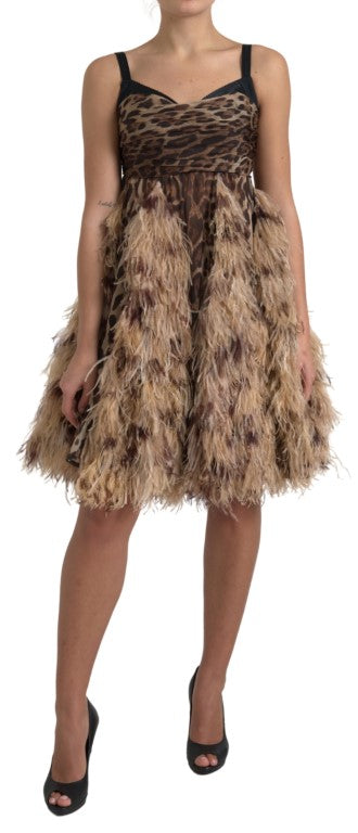 Vestido sin mangas de gasa de leopardo con plumas de avestruz