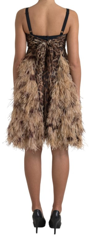 Vestido sin mangas de gasa de leopardo con plumas de avestruz
