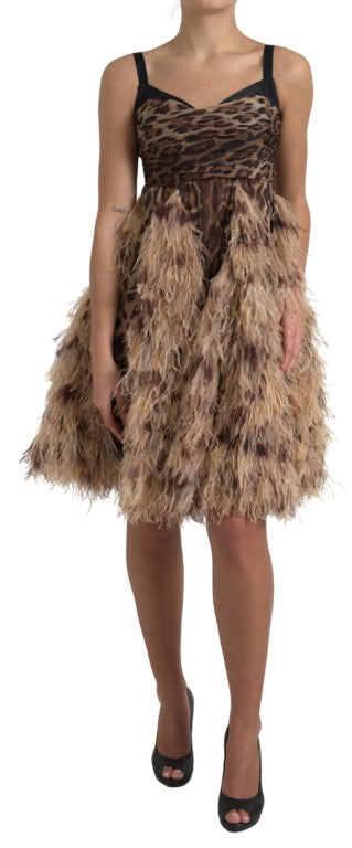 Vestido sin mangas de gasa de leopardo con plumas de avestruz