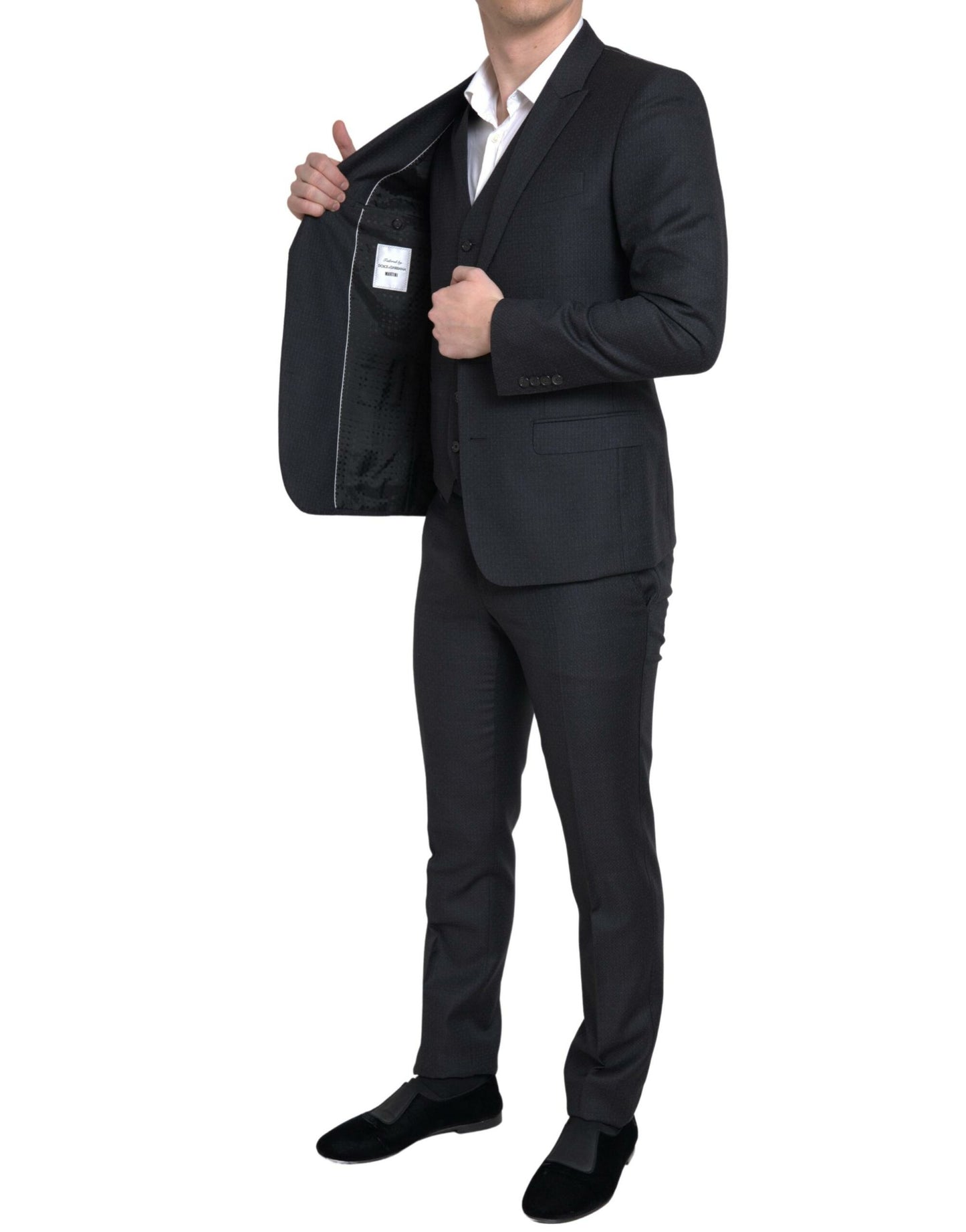 Elegante traje de tres piezas de corte entallado de Martini negro