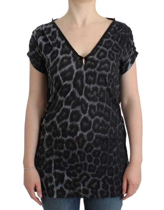 Top modal sensual con cuello en V y estampado de leopardo