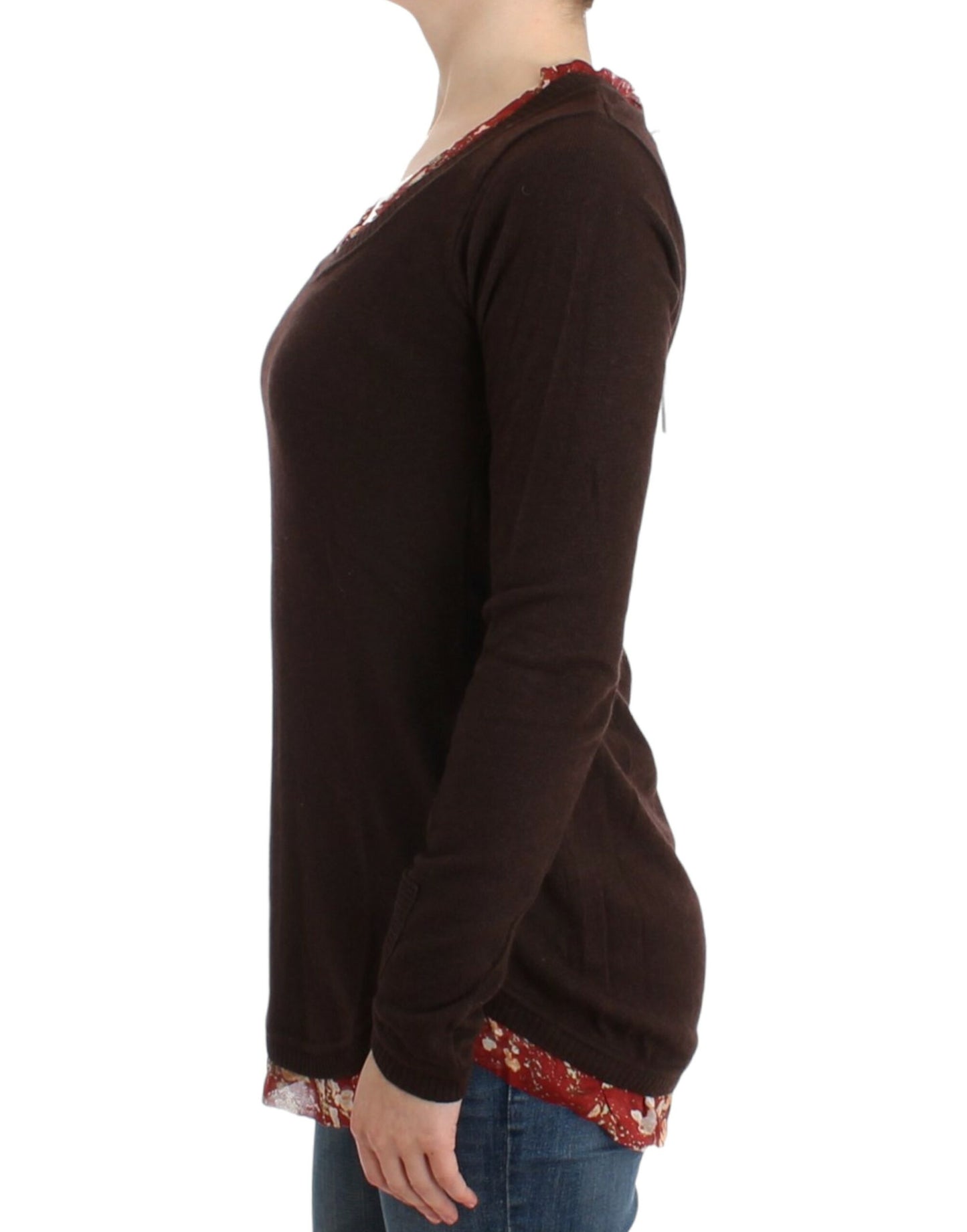 Suéter elegante de cuello redondo con apliques de seda