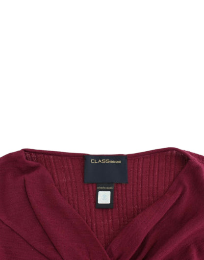 Elegante suéter morado de lana con abertura en la boca