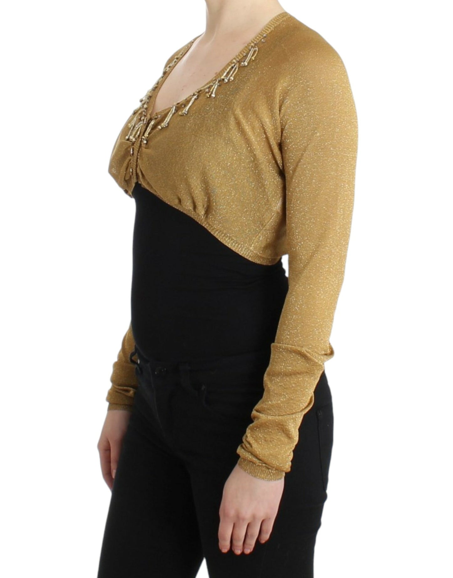 Bolero adornado con brillo dorado