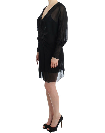 Elegante vestido blusón de seda negra transparente