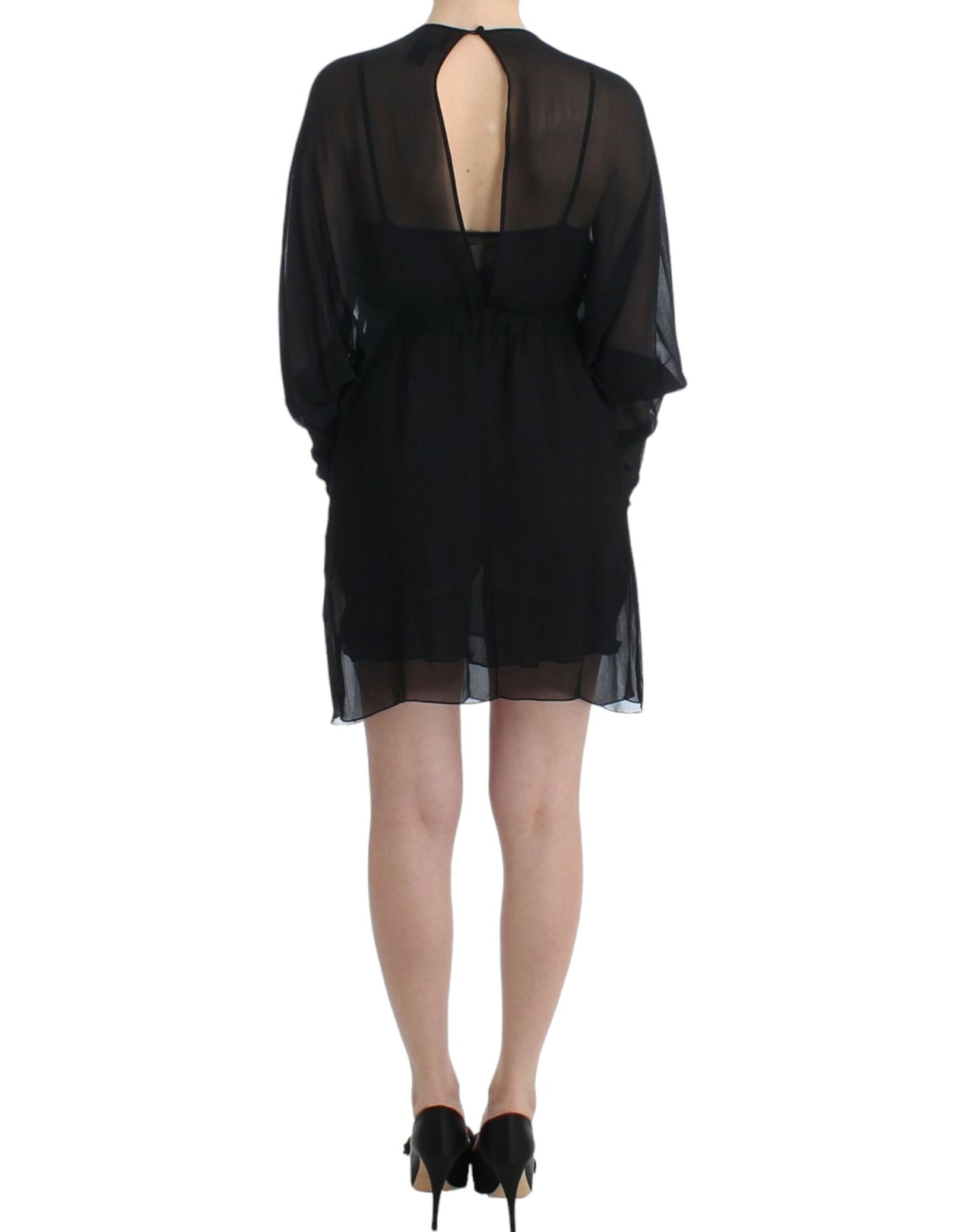 Elegante vestido blusón de seda negra transparente