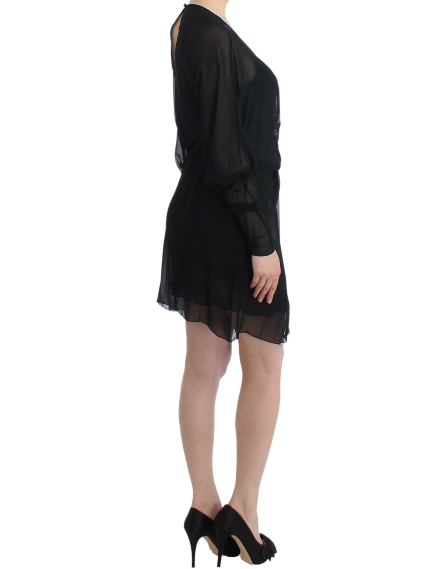 Elegante vestido blusón de seda negra transparente