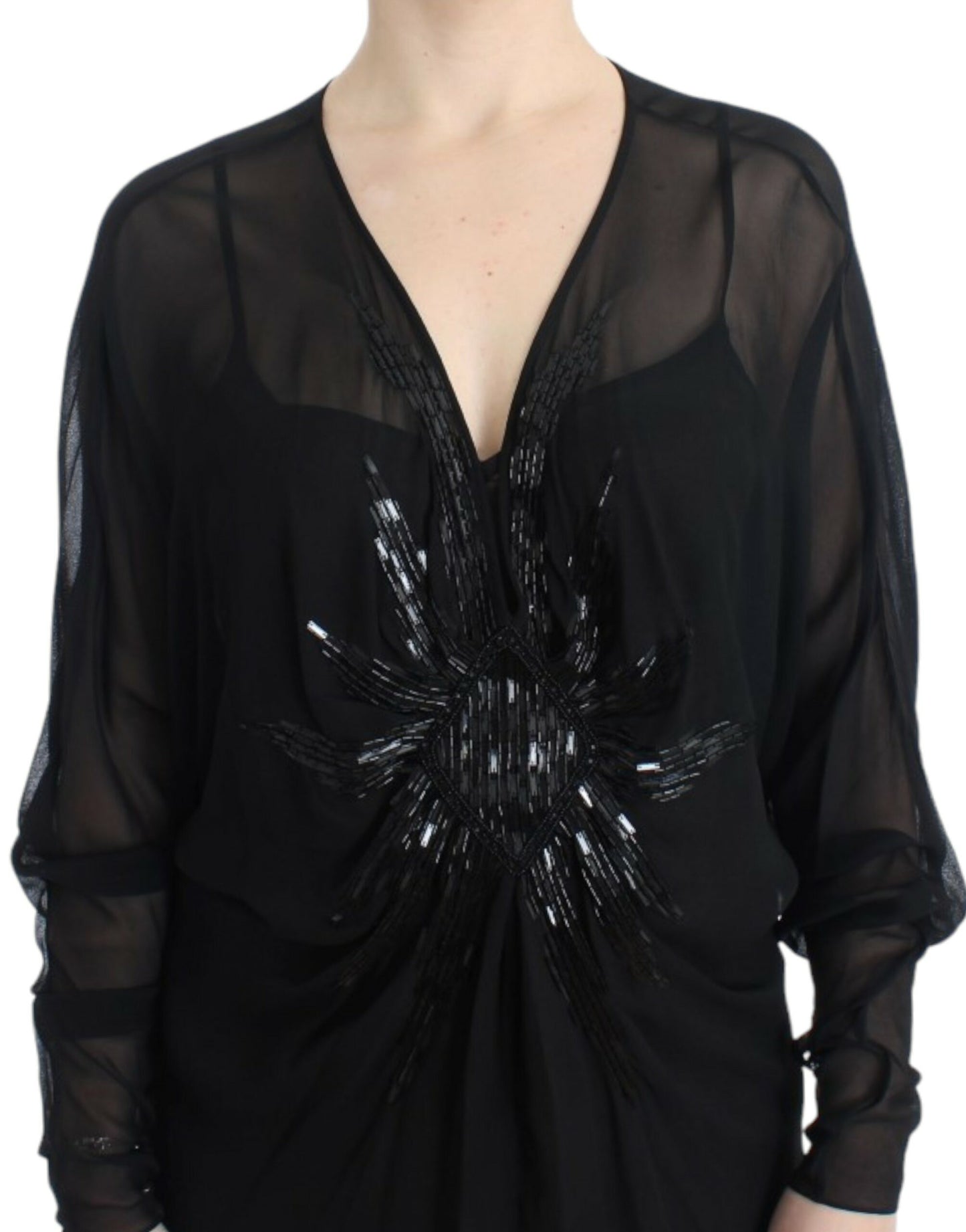 Elegante vestido blusón de seda negra transparente