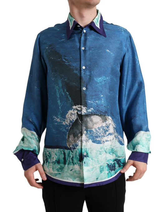Camisa elegante de seda con estampado oceánico
