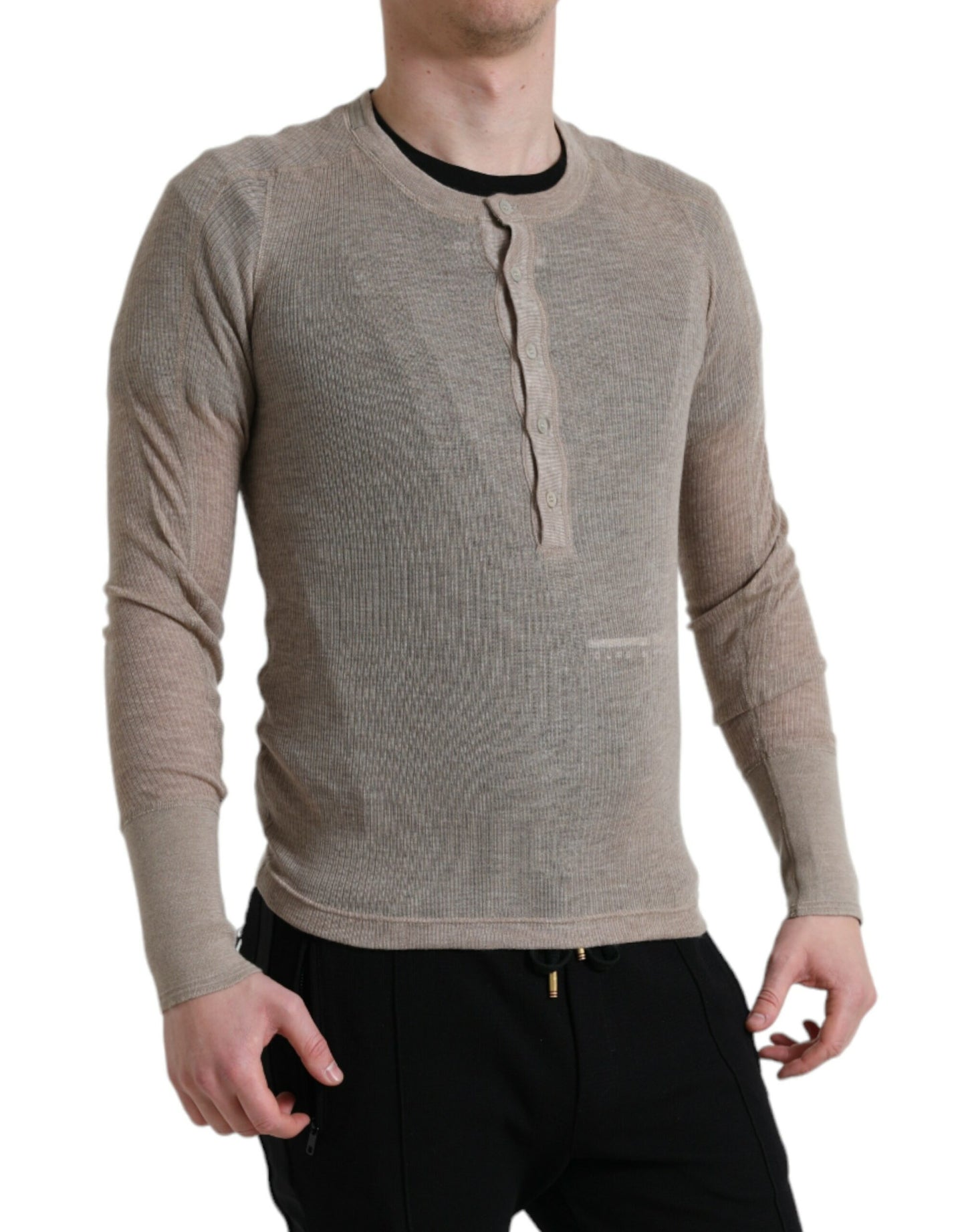 Elegante suéter de cachemira Henley beige
