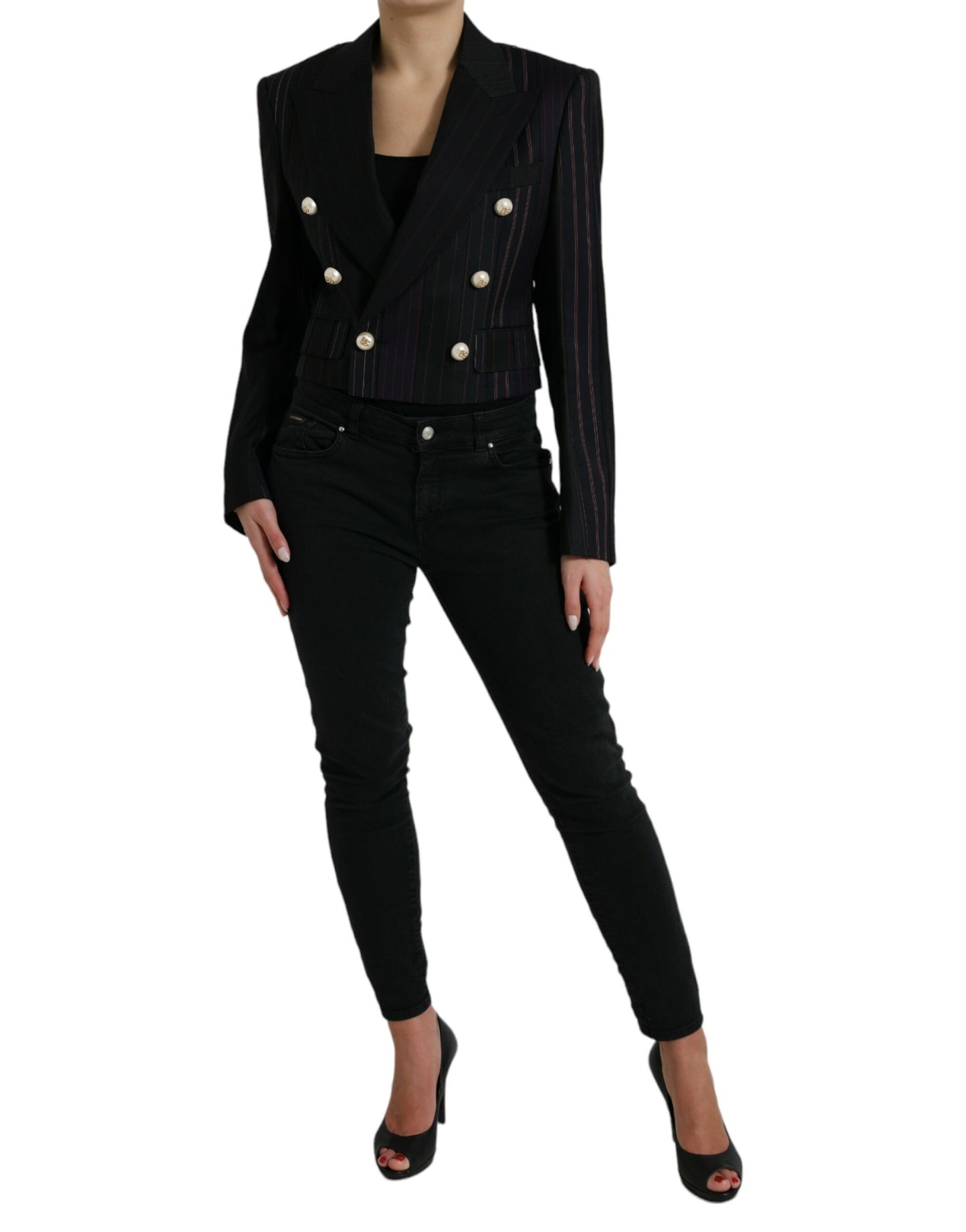 Elegante blazer de lana cruzado a rayas