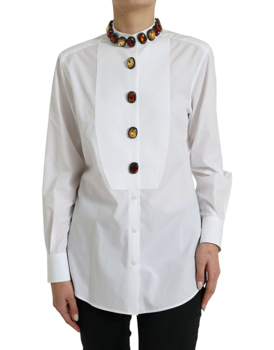 Elegante blusa blanca de algodón adornada con cristales