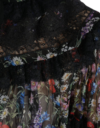 Black Floral Print Long Sleeves Blouse Top