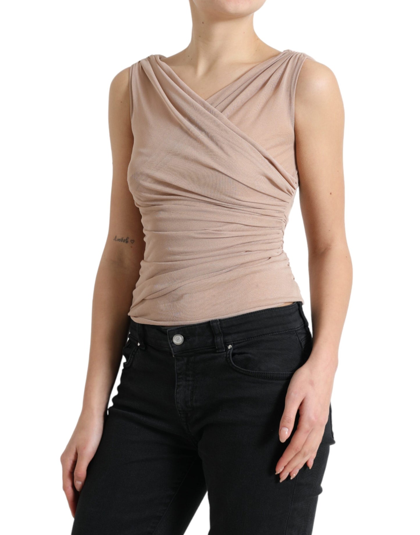 Elegante top sin mangas con escote en V en color beige transparente