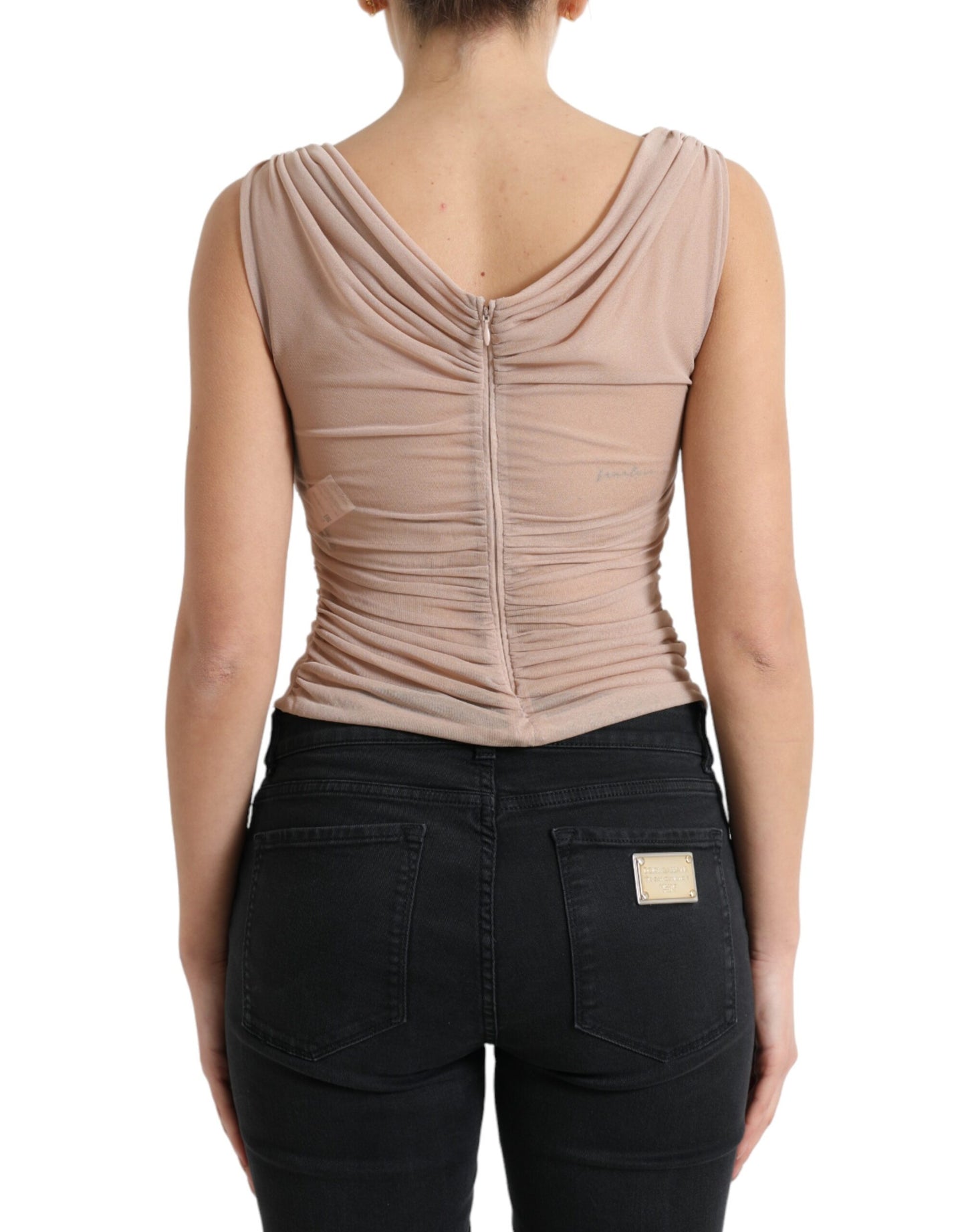 Elegante top sin mangas con escote en V en color beige transparente