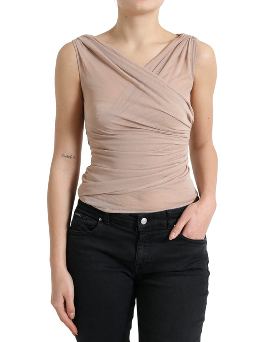 Elegante top sin mangas con escote en V en color beige transparente
