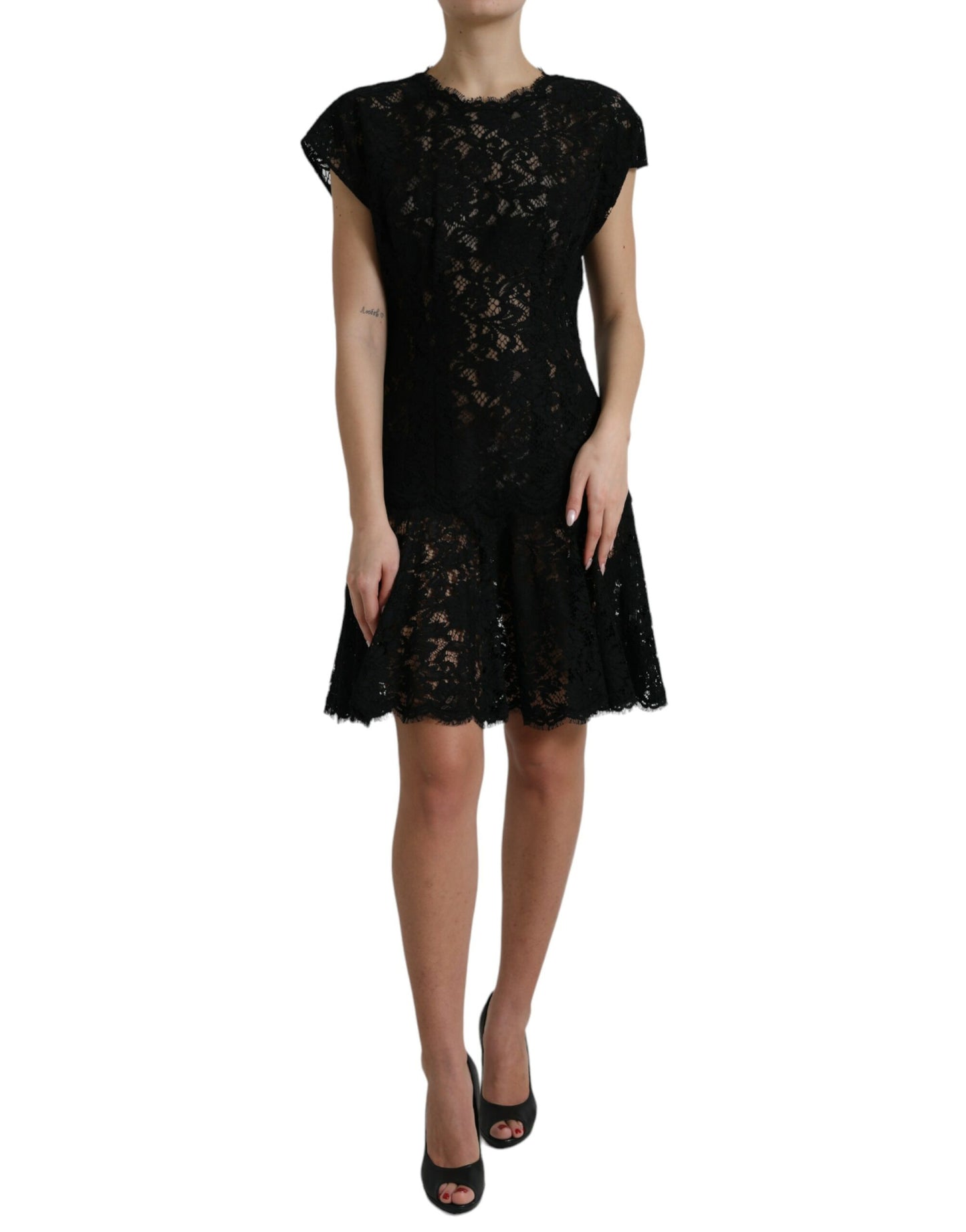 Elegante minivestido de encaje floral negro de corte A