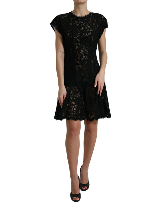 Elegante minivestido de encaje floral negro de corte A