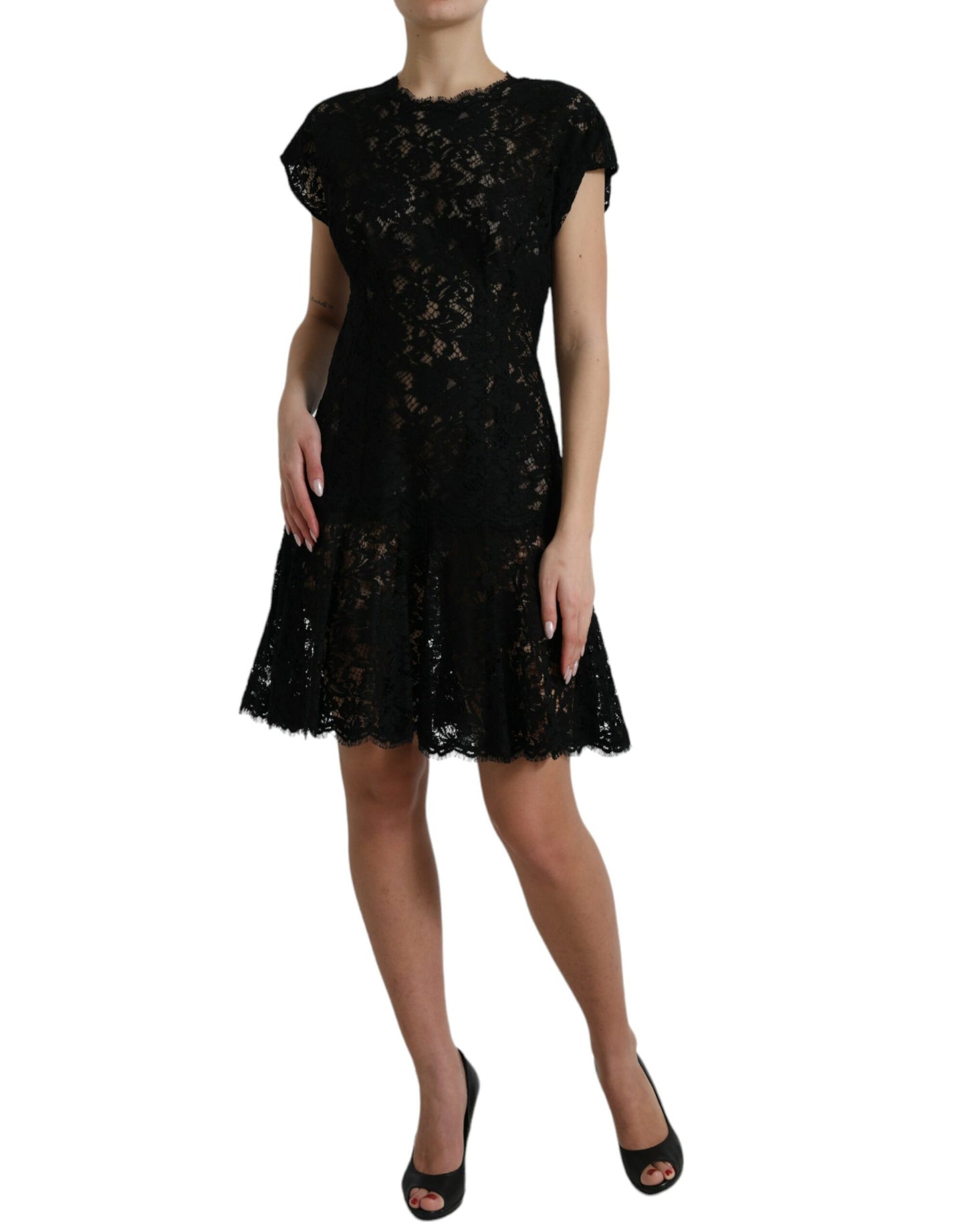 Elegante minivestido de encaje floral negro de corte A