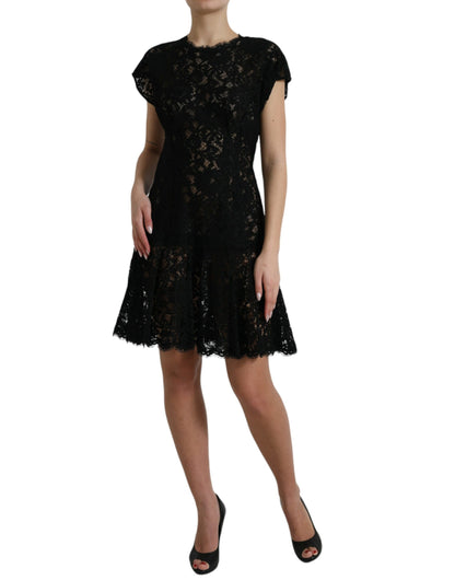 Elegante minivestido de encaje floral negro de corte A