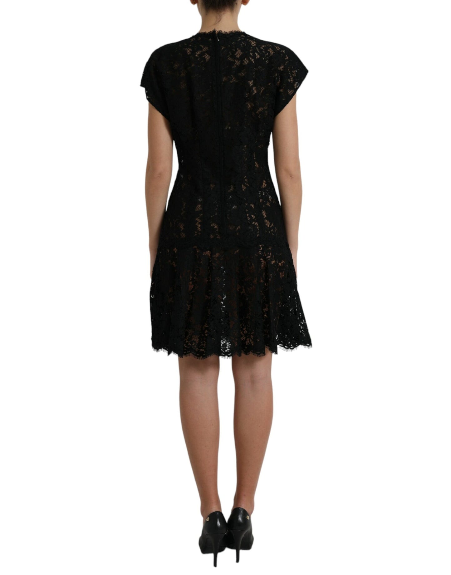 Elegante minivestido de encaje floral negro de corte A