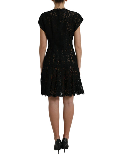 Elegante minivestido de encaje floral negro de corte A