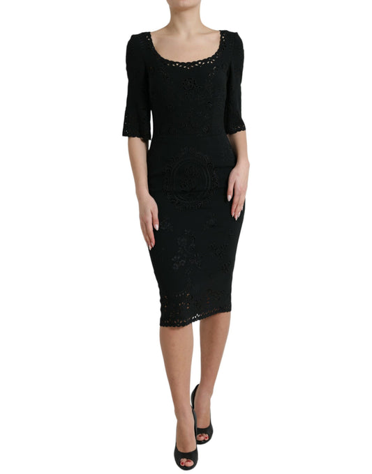 Vestido midi ajustado de encaje floral negro