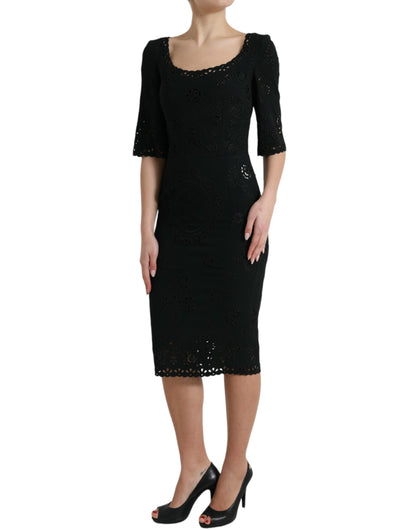 Vestido midi ajustado de encaje floral negro
