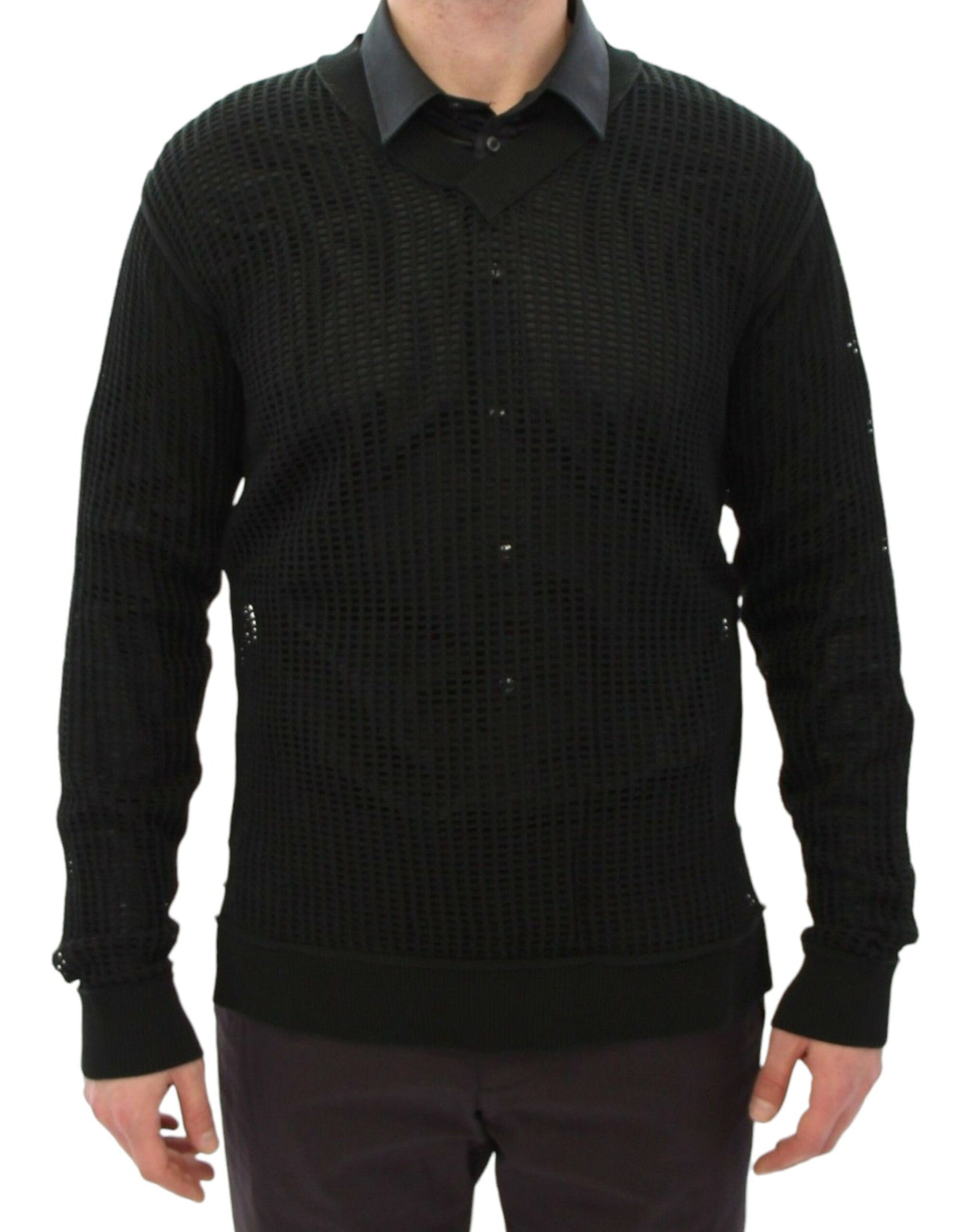 Elegante suéter de punto verde oscuro con cuello en V