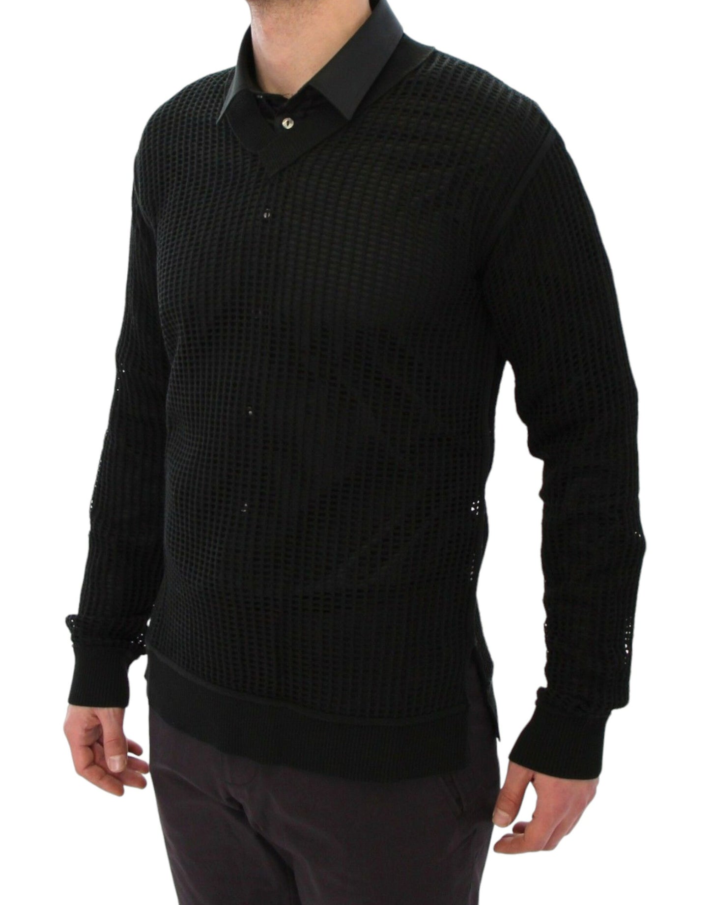 Elegante suéter de punto verde oscuro con cuello en V