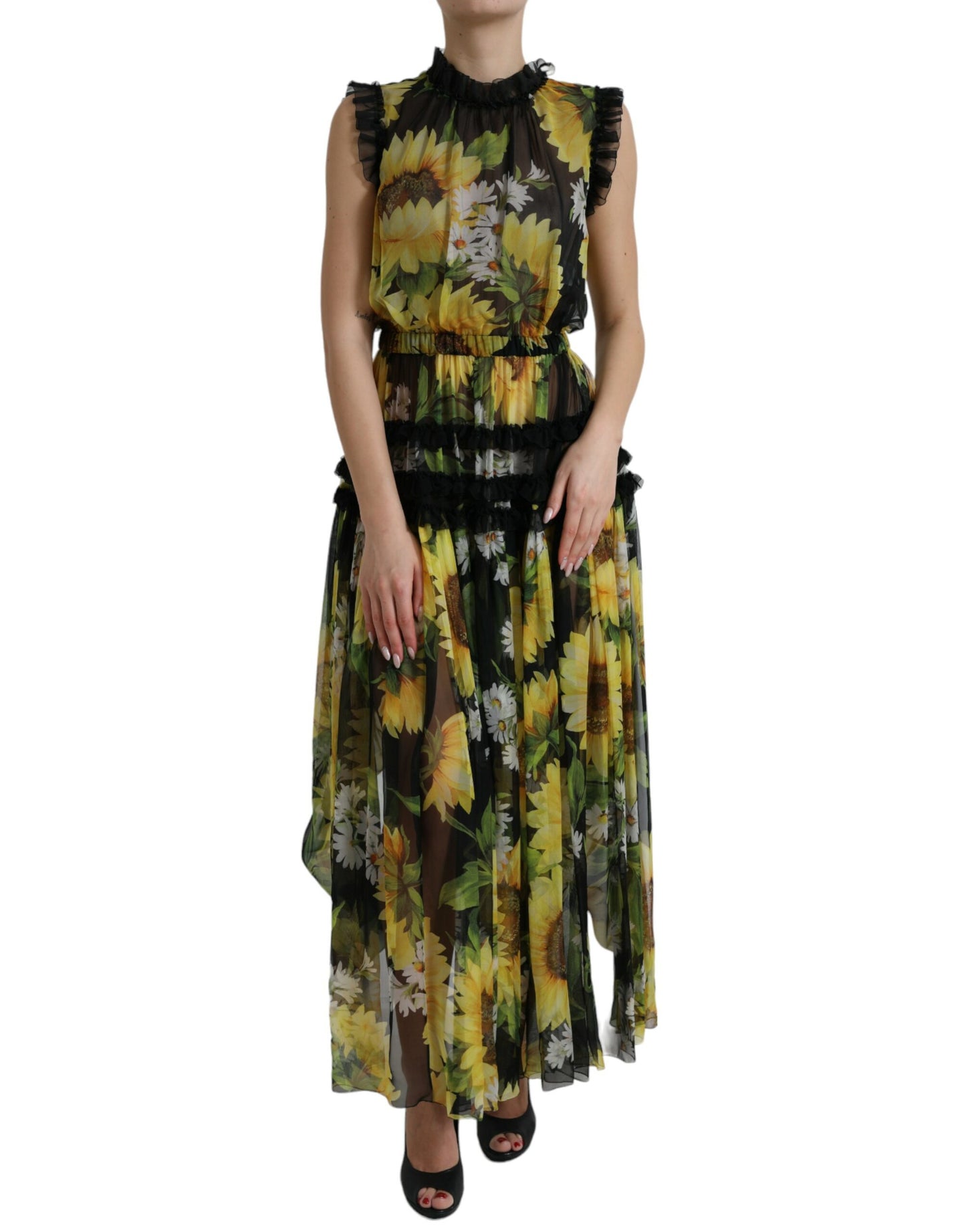 Elegante vestido largo de seda con estampado de girasoles