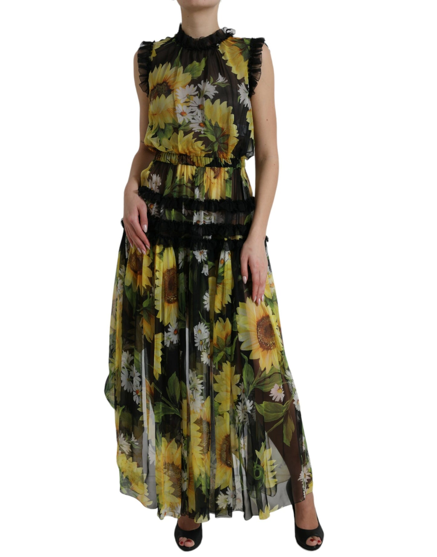 Elegante vestido largo de seda con estampado de girasoles