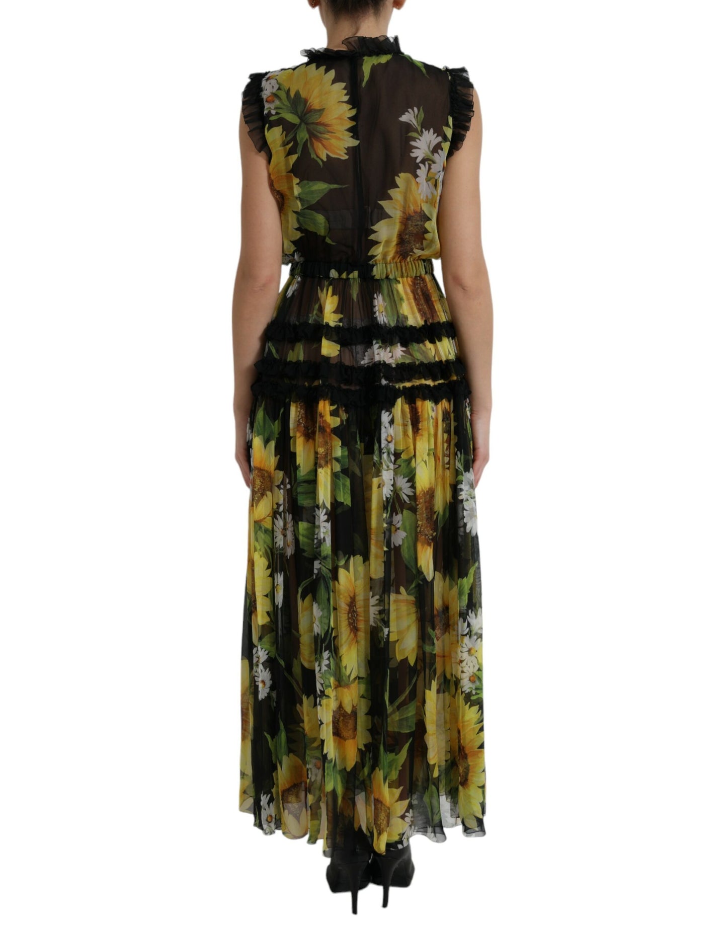 Elegante vestido largo de seda con estampado de girasoles
