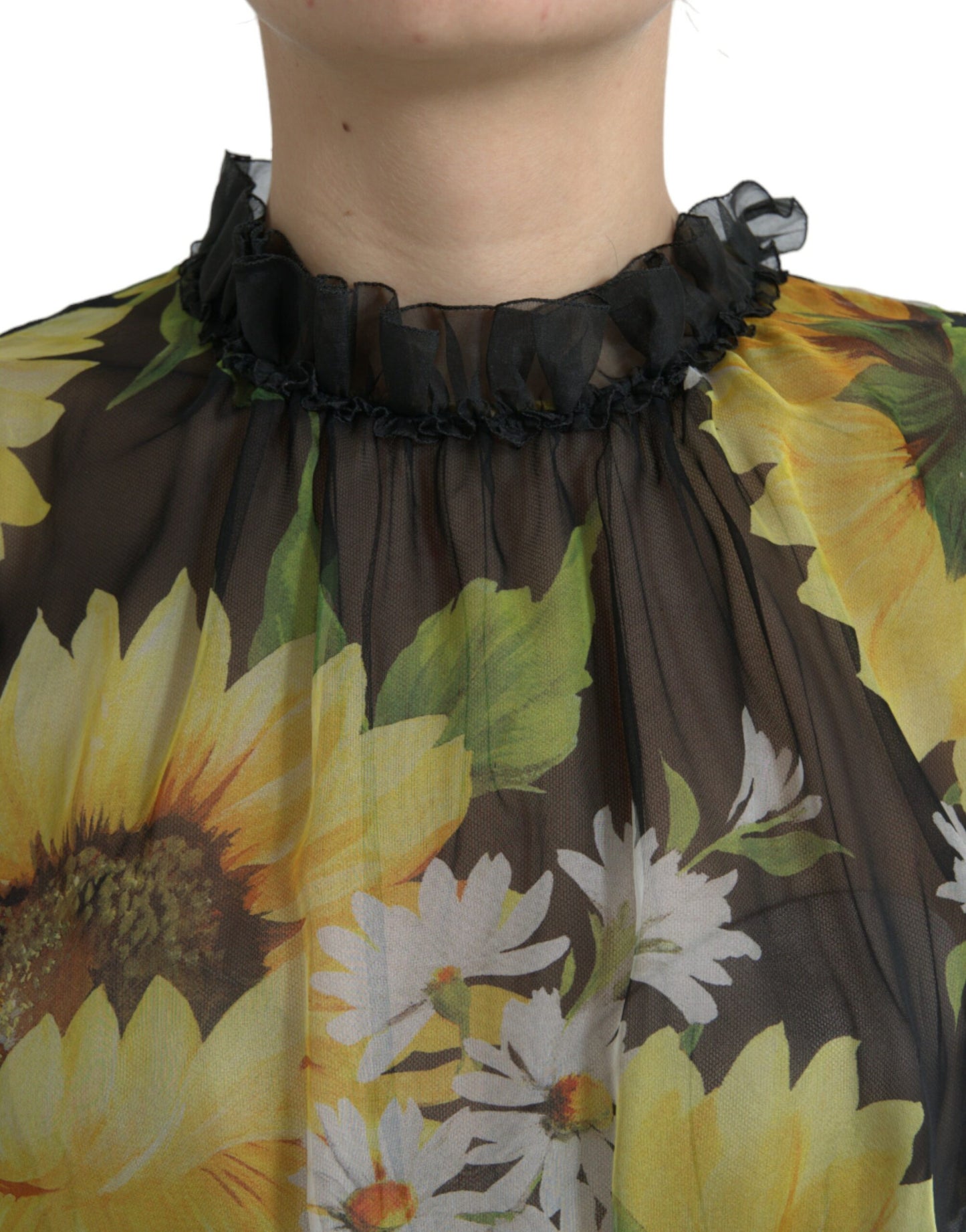 Elegante vestido largo de seda con estampado de girasoles