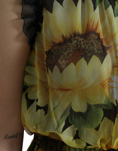 Elegante vestido largo de seda con estampado de girasoles
