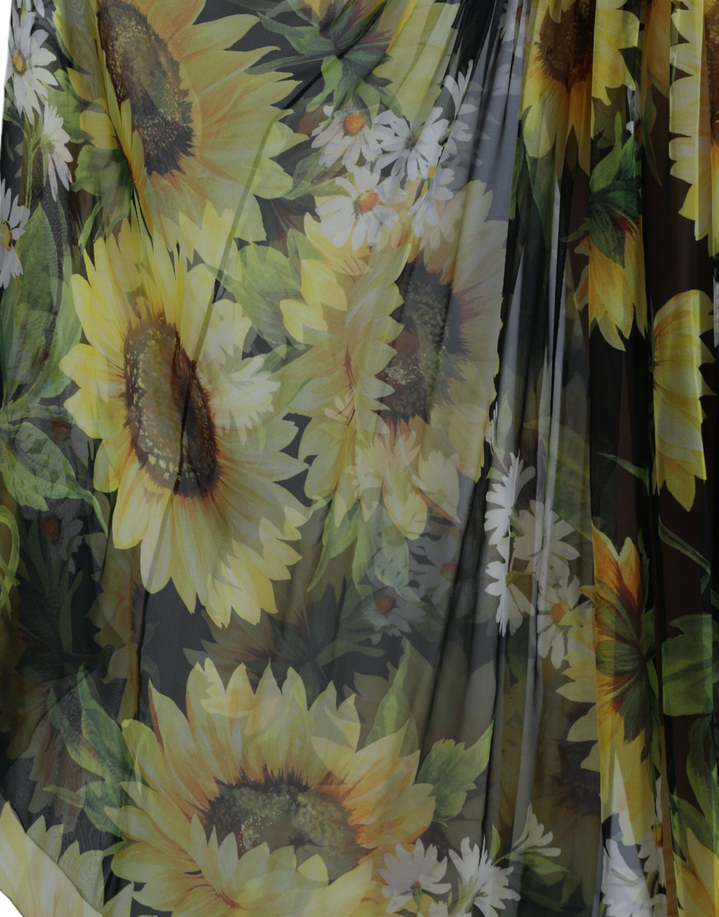 Elegante vestido largo de seda con estampado de girasoles