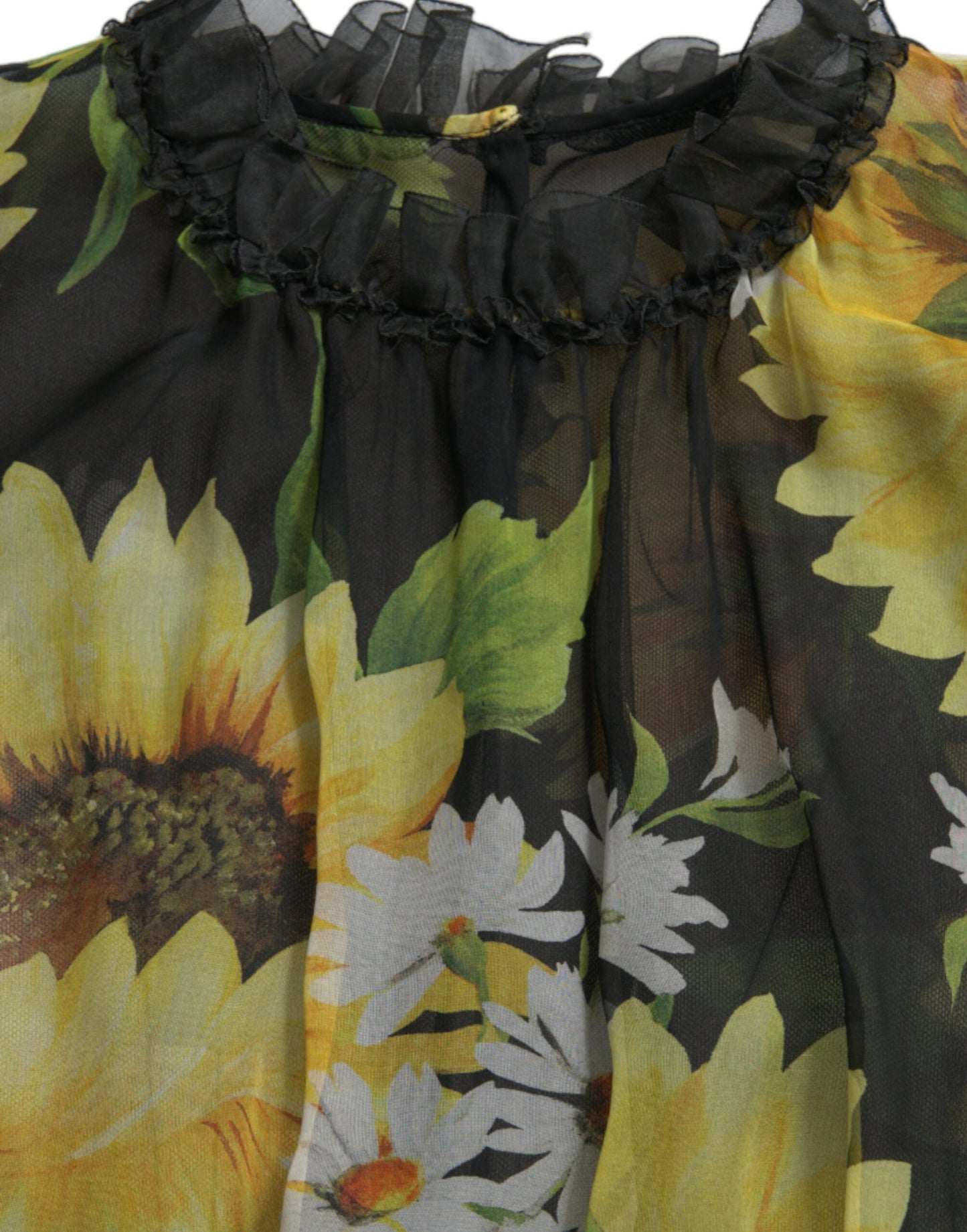 Elegante vestido largo de seda con estampado de girasoles