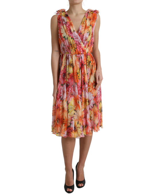 Elegante vestido midi de seda floral con escote en V