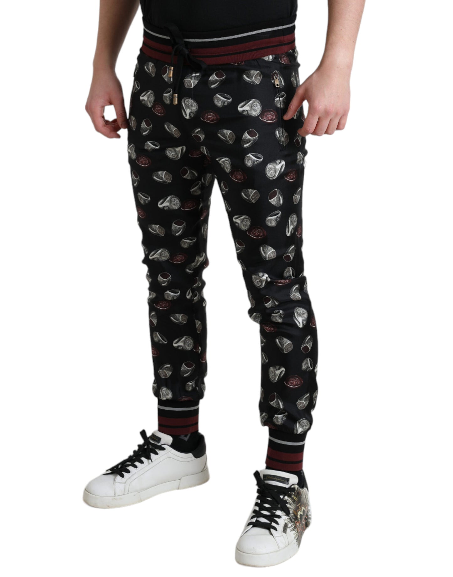 Elegante pantalón de chándal de seda con estampado de anillos