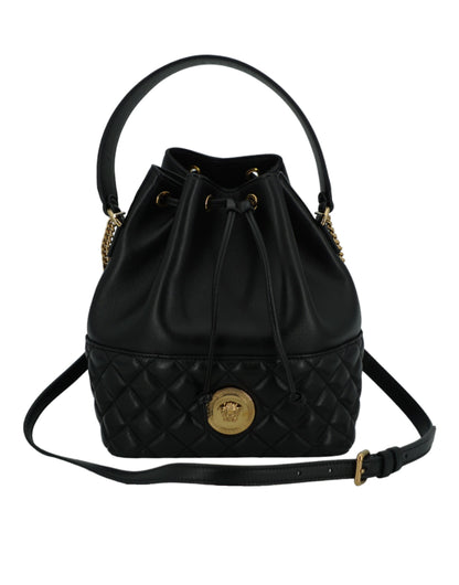 Elegante bolso de hombro tipo cubo Medusa de cuero negro