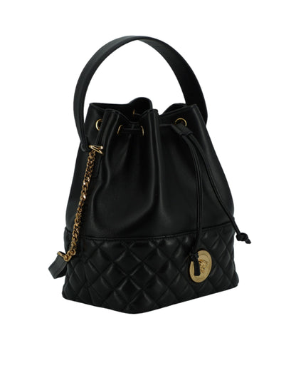 Elegante bolso de hombro tipo cubo Medusa de cuero negro