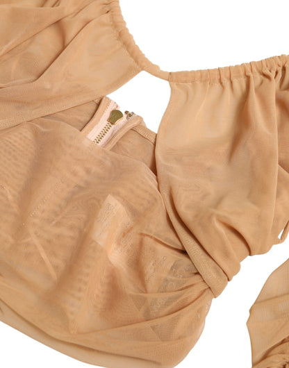 Brown Nylon Stretch Open Shoulder Cropped Top