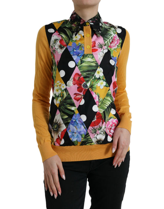 Elegante suéter de mezcla de seda con diseño henley y patchwork